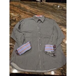 Robert Graham Men's XL  Blue/Grey/Gold Striped Flip Cuff Long Sleeve Shirt